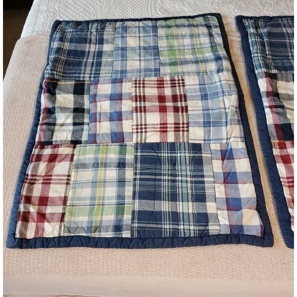 Pottery Barn Teens Quilted Madras Patchwork 2 Shams Blue Red Green *flaw*‎